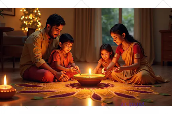 Family Celebrating Diwali with Diyas and Rangoli