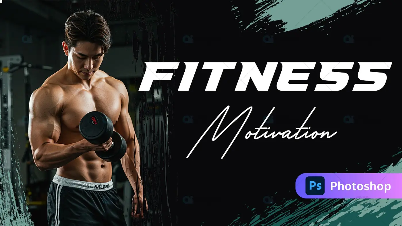 Fitness Motivation Banner with Athletic Physique and Brush Stroke