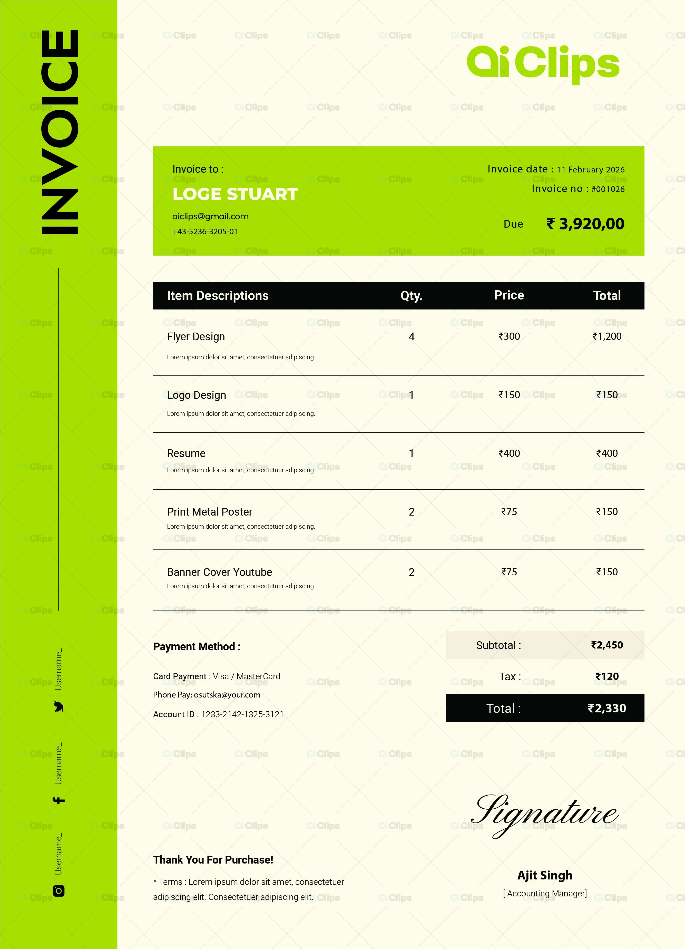 Modern Lime Green Professional Invoice Template Design
