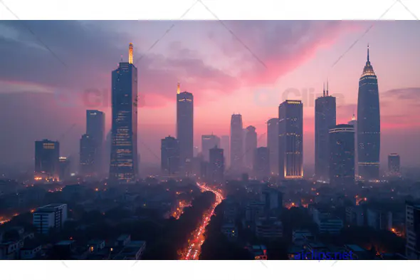Skyscrapers in a Misty Sunset Over a Bustling City