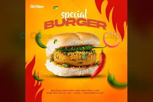 Spicy Special Burger with Flame Design Food Promotion Template