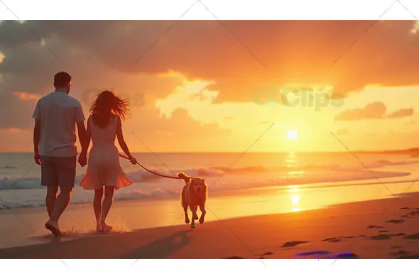 Couple Walking Dog on the Beach at Sunset