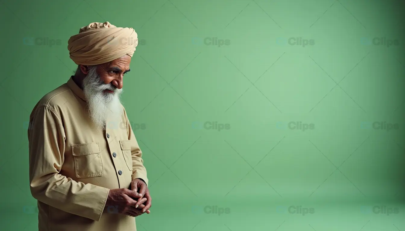 Thoughtful Elderly Indian Man in Beige Turban on Green Background