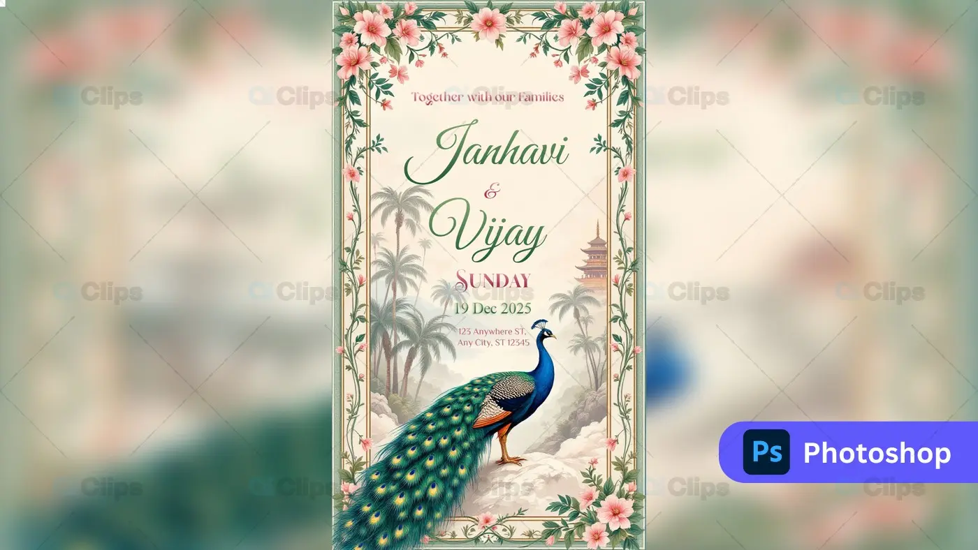 Floral Peacock Wedding Invitation PSD Template