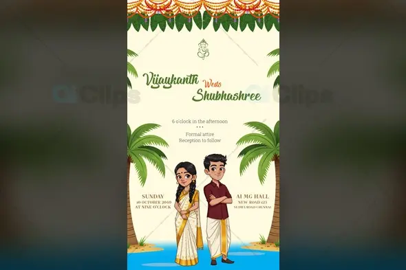 South Indian Wedding Invitation Template with Cartoon Couple