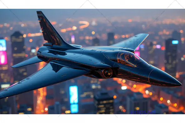 Advanced Futuristic Jet Flying Over City Lights