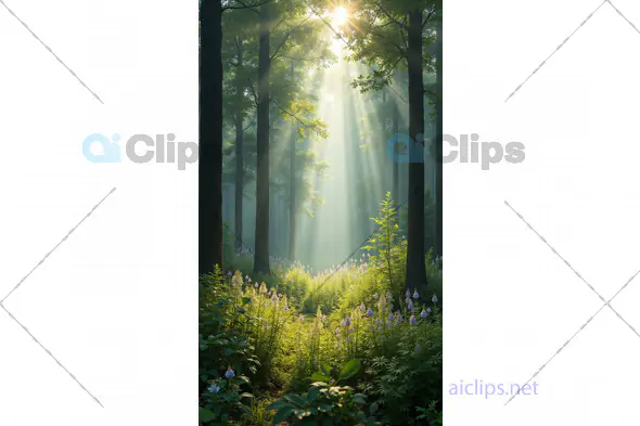 Sunlit Forest with Wildflowers and Rays of Light