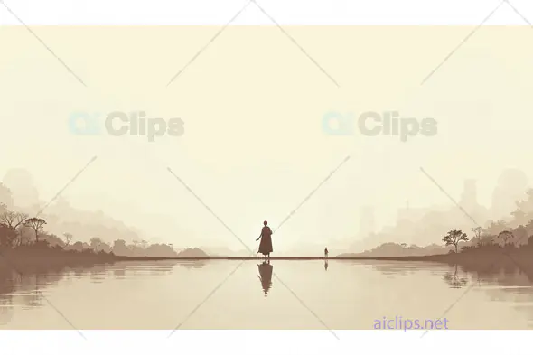 Solitary Figure on Misty Riverbank at Sunrise