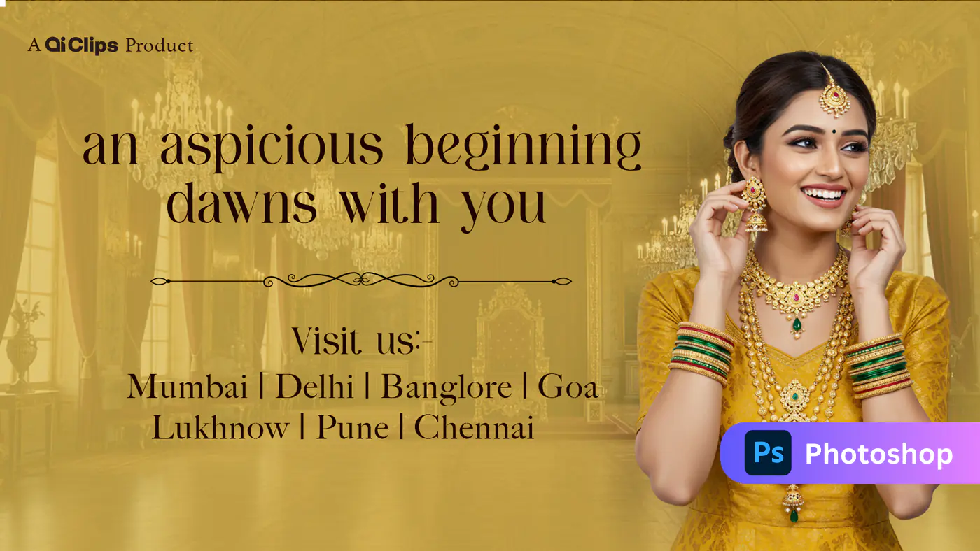 Traditional Bridal Jewelry Banner Template Featuring Indian Woman in Yellow Saree