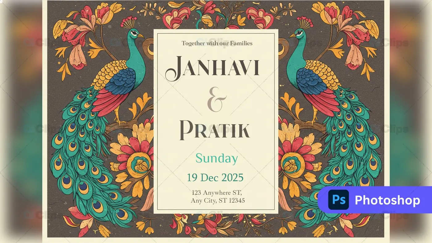 Vintage Peacock Wedding Invitation PSD Template