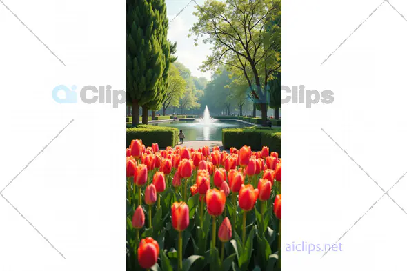 Tulips in Bloom with Fountain in the Park
