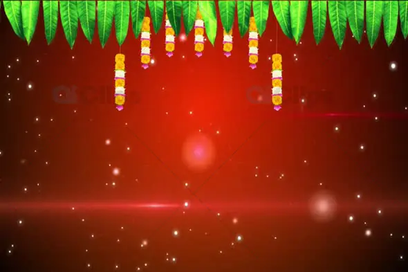 Festive Red Background with Hanging Flower Garlands and Green Leaf Decor