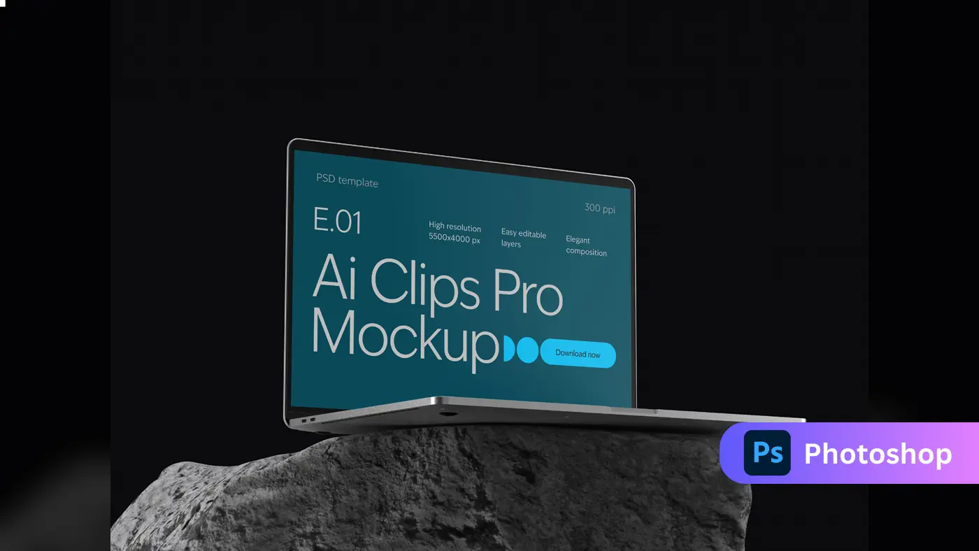 Laptop Screen Mockup  Elegant Display on Stone Base