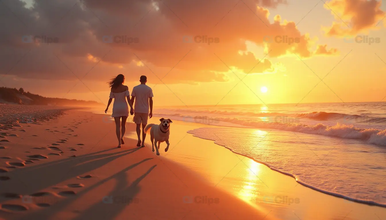 Couple Walking with Dog on Beach at Sunset