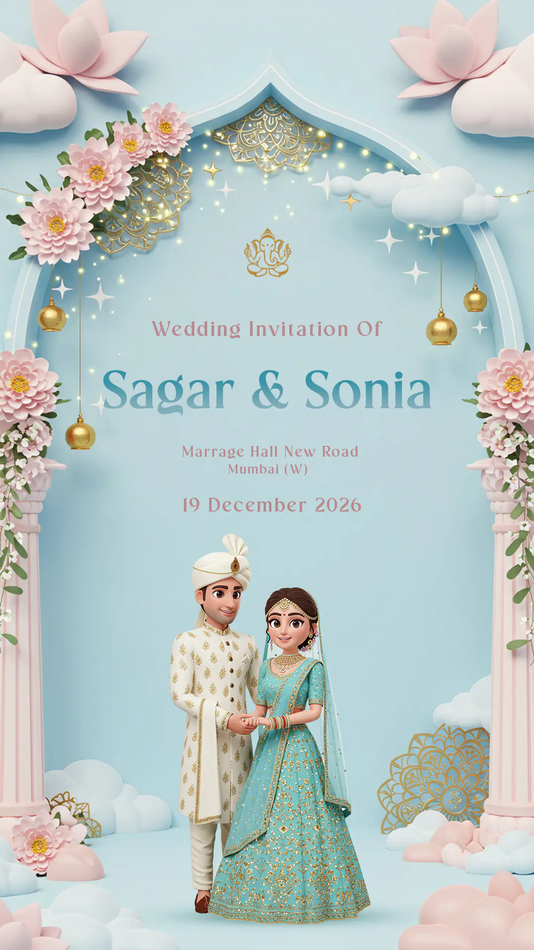 Sky Blue 3D Indian Wedding Invitation Template with Cartoon Couple