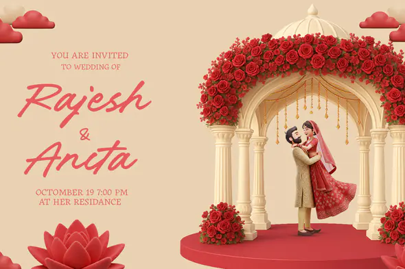 Romantic Red Rose 3D Indian Wedding Invitation Template