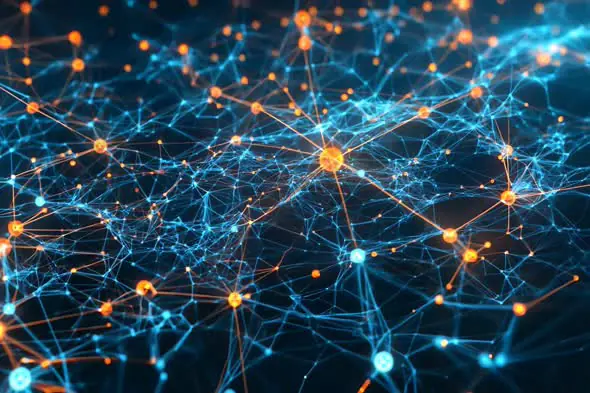 Digital Network of Glowing Nodes – Futuristic Data and AI Visualization