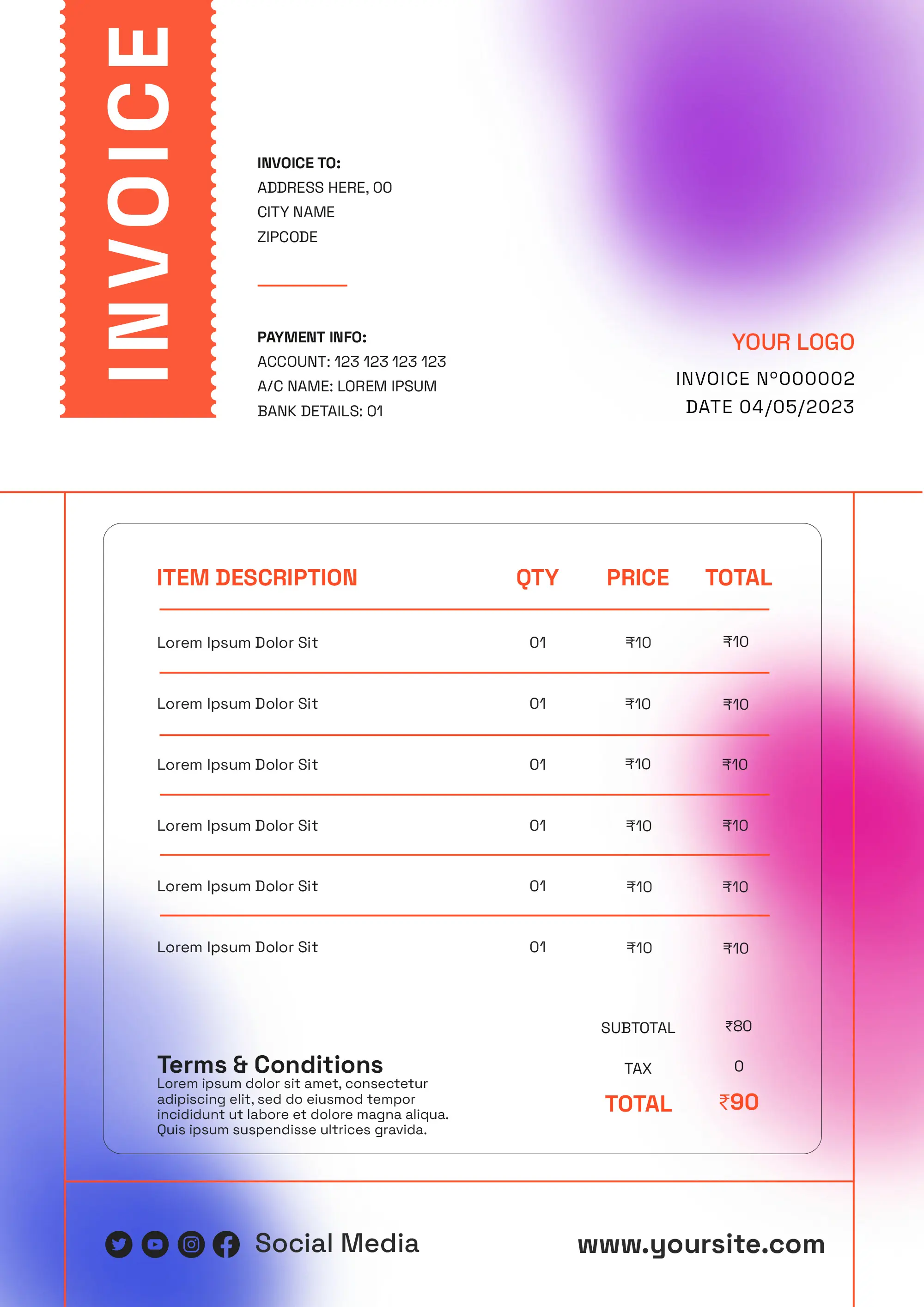 Vibrant Orange Gradient Invoice Template