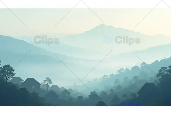 Mountain Village in Early Morning Mist