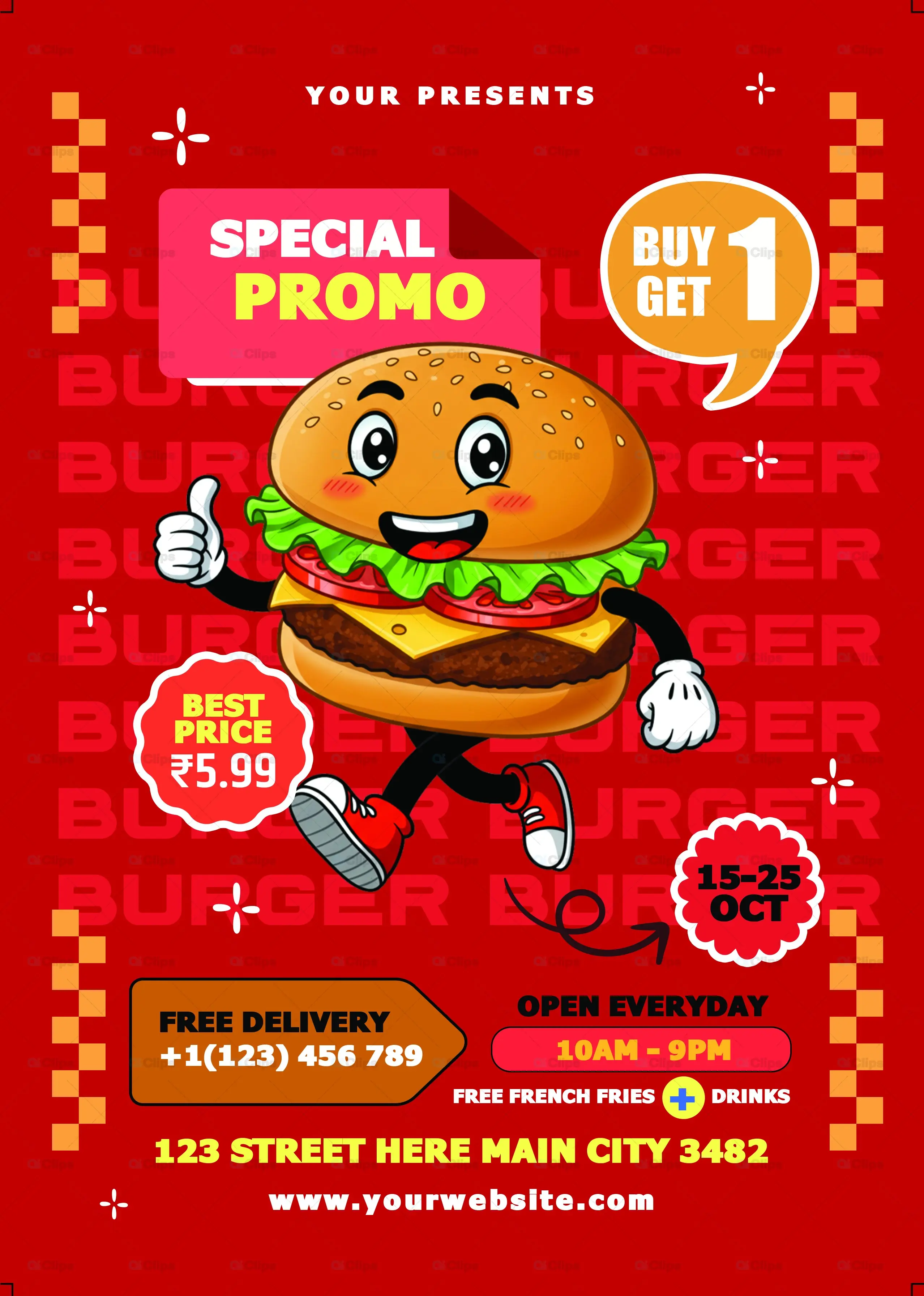 Cartoon Burger Special Promo Buy 1 Get 1 Flyer Template