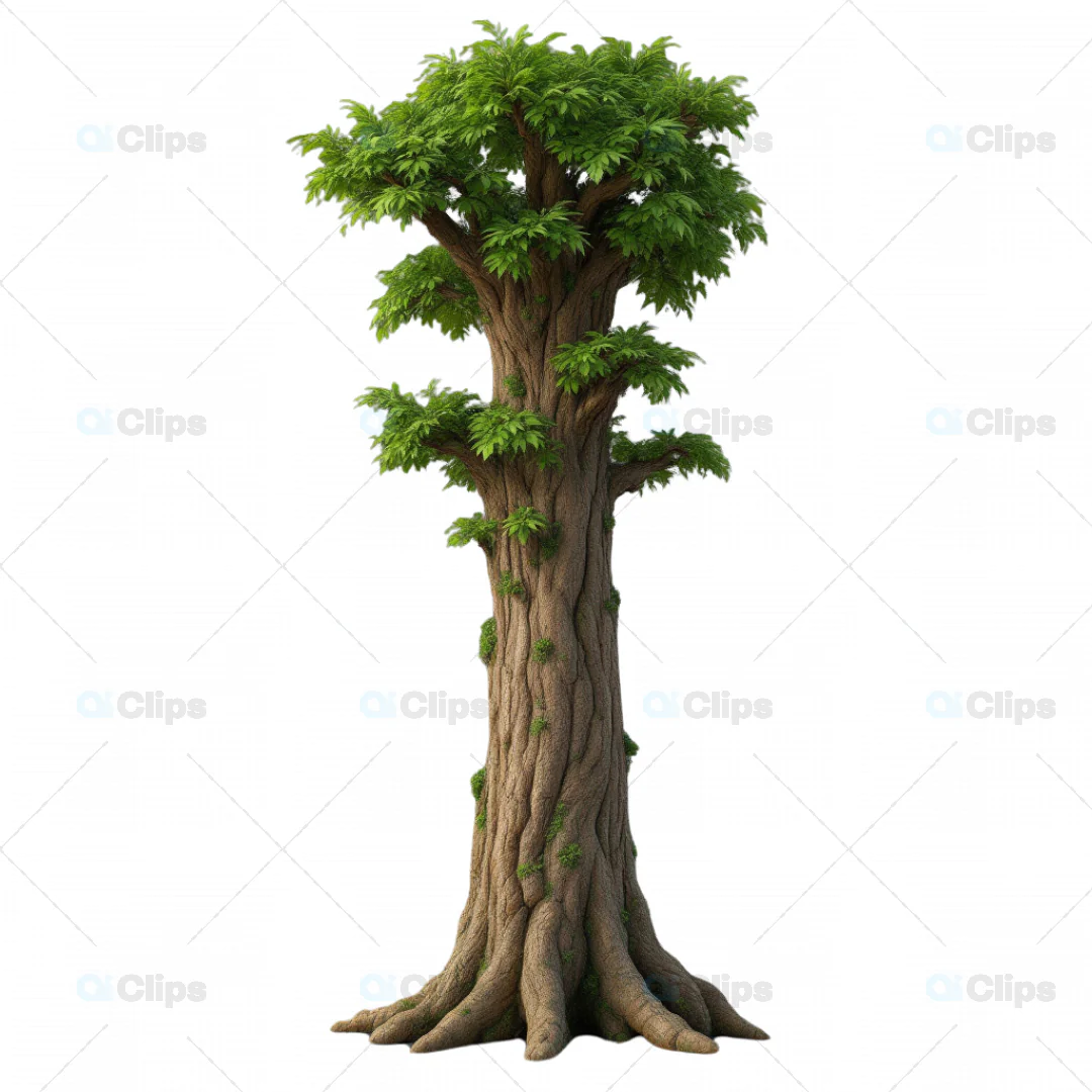 Tall 3D Tree with Twisted Trunk and Sparse Green Foliage