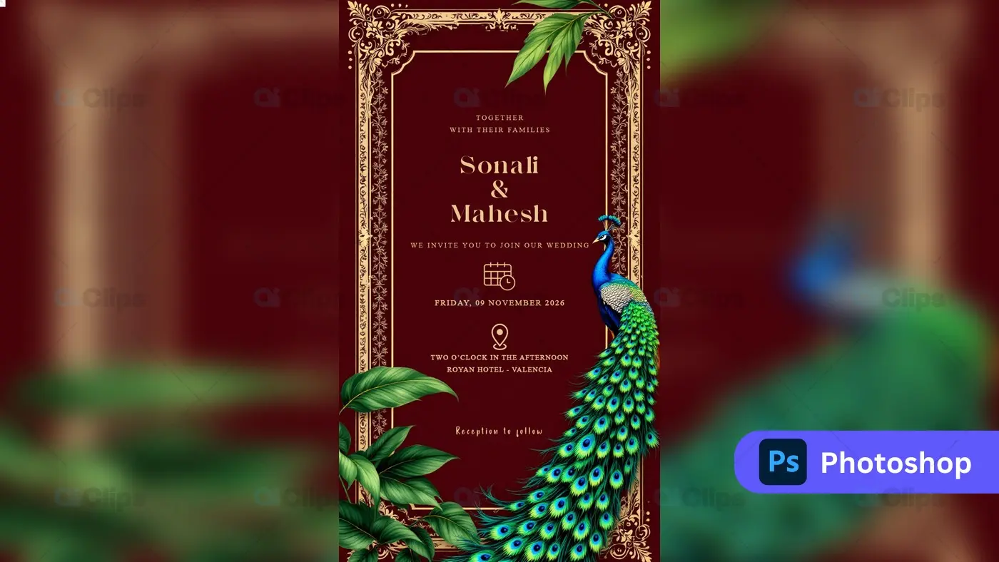 Royal Peacock beautiful Wedding Invitation PSD Template