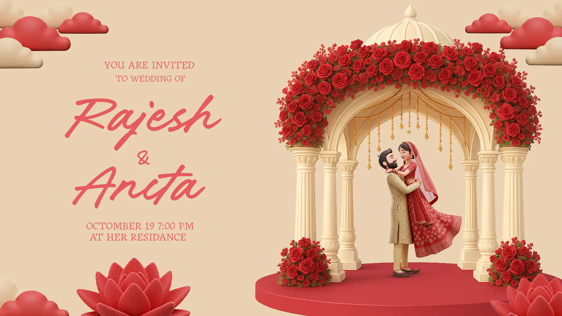 Romantic Red Rose 3D Indian Wedding Invitation Template