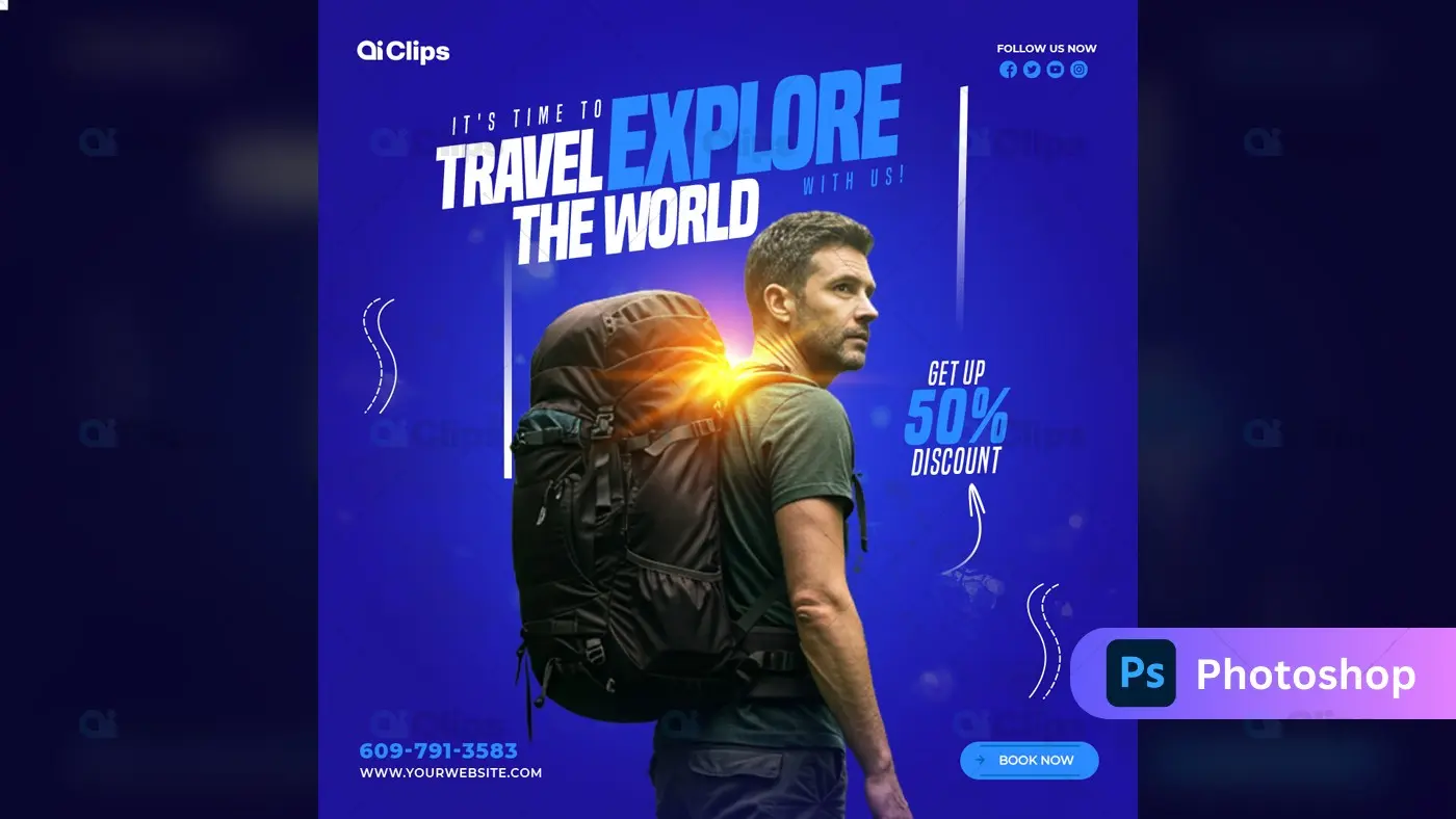 Travel Adventure Social Media Template with Backpacker