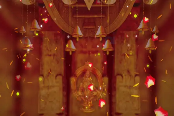 Temple Bells with Floating Flower Petals and Hindu Deity Animation
