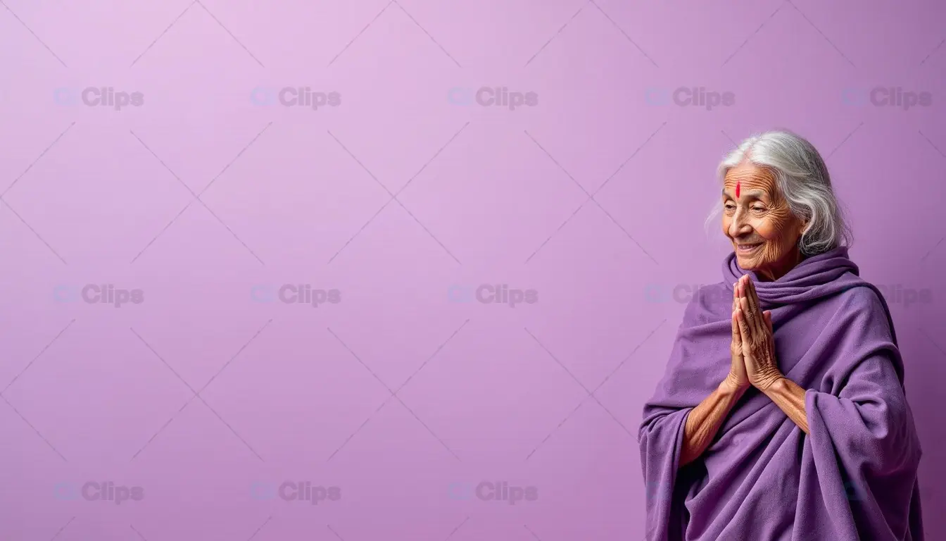 Smiling Elderly Woman in Prayer Shawl Against Lavender Background