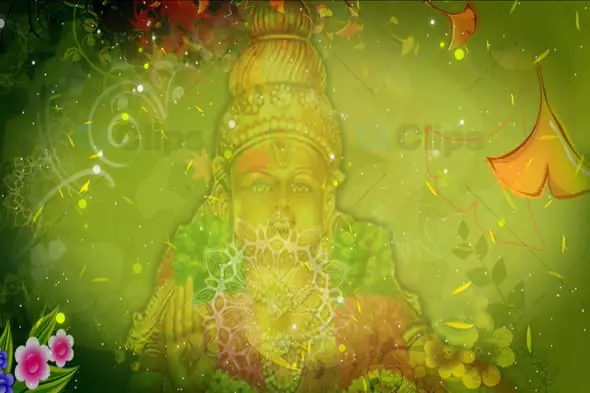 Hindu Deity with Glowing Floral Designs and Floating Petals on Green Background Animation