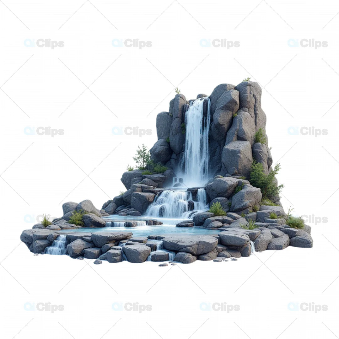 Realistic 3D Waterfall Scene with Rocks and Greenery