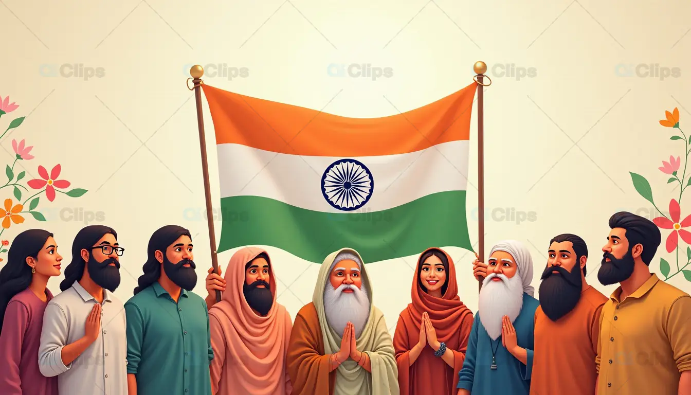 Indian Unity with National Flag - Diverse Community Illustration