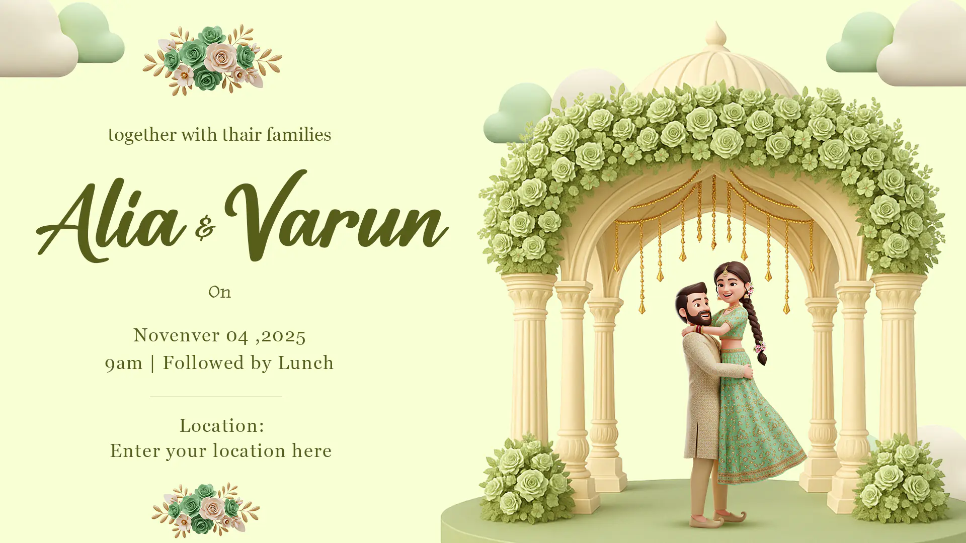 Sage Green Floral 3D Indian Wedding Invitation Template