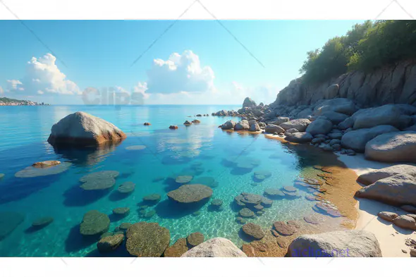 Tropical Beach with Clear Blue Waters and Rocky Shoreline
