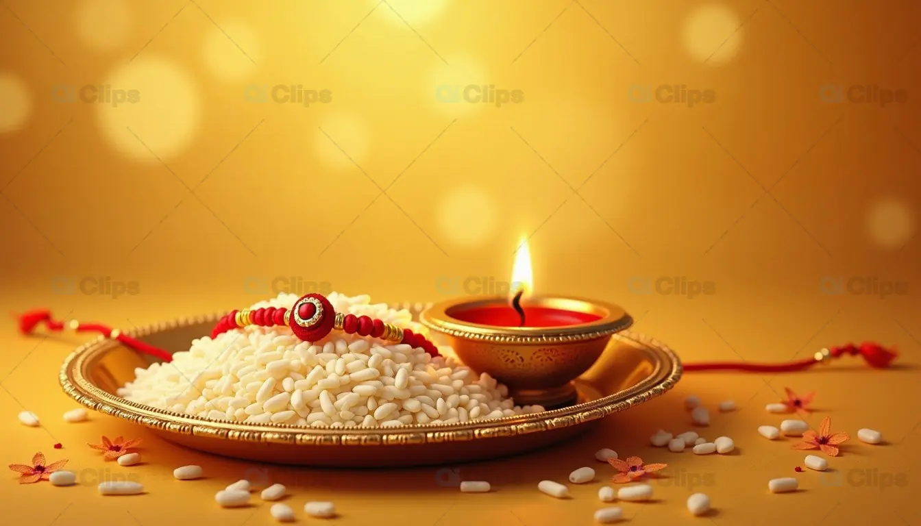 Rakhi Celebration with Diya and Rice on Golden Background