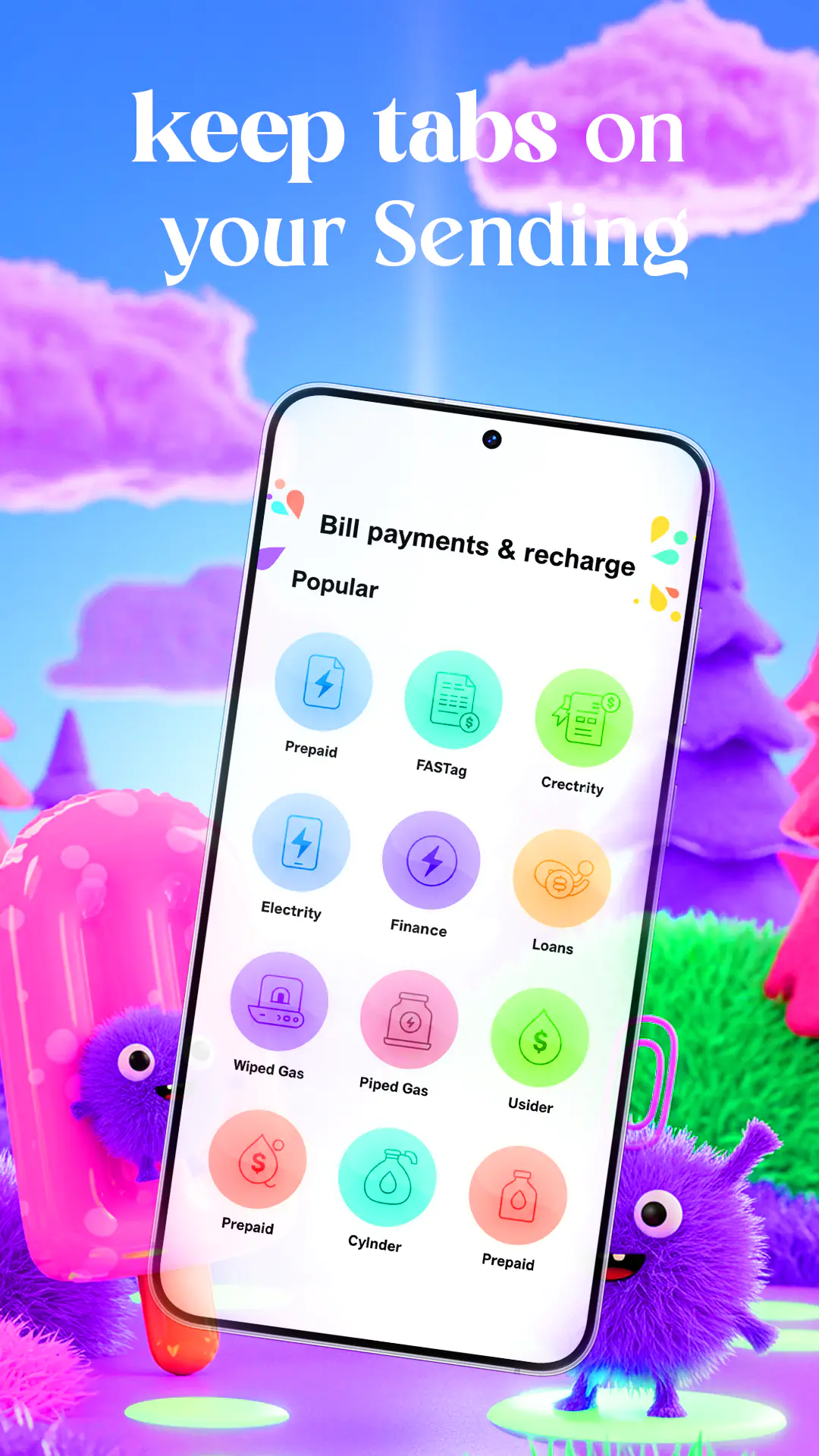 Bill Payment & Recharge App UI Template with Colorful Fantasy Background