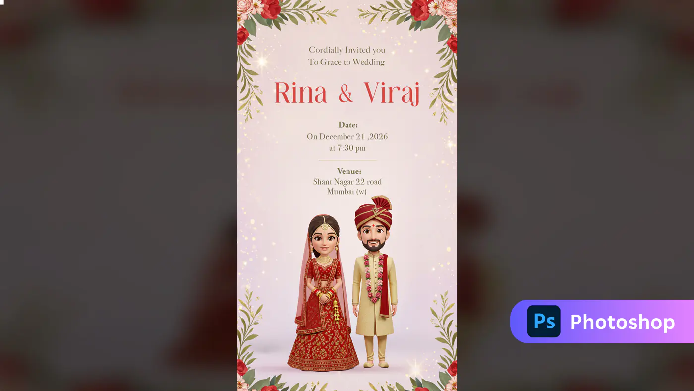 3D Indian Wedding Invitation Template with Traditional Cartoon Couple