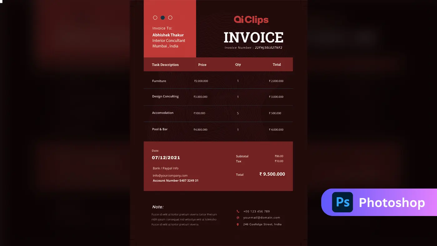 Dark Theme Invoice PSD Template – Professional Billing & Payment Design