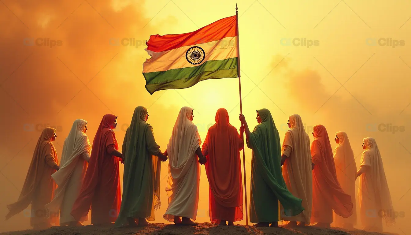 Women Empowerment and Unity with Indian Flag at Sunset