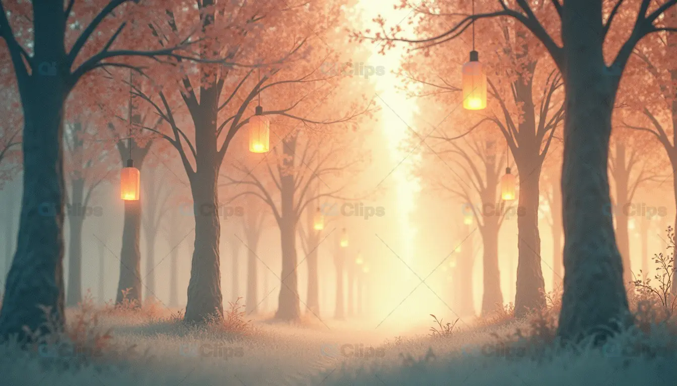 Dreamy Forest Pathway with Lanterns at Sunrise