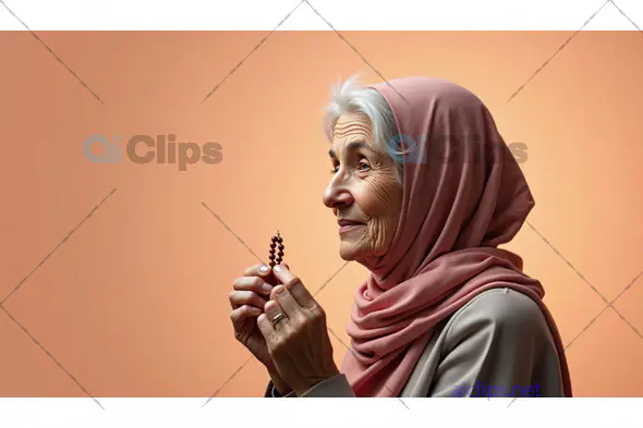 Elderly Woman in Hijab Holding Prayer Beads in Contemplation