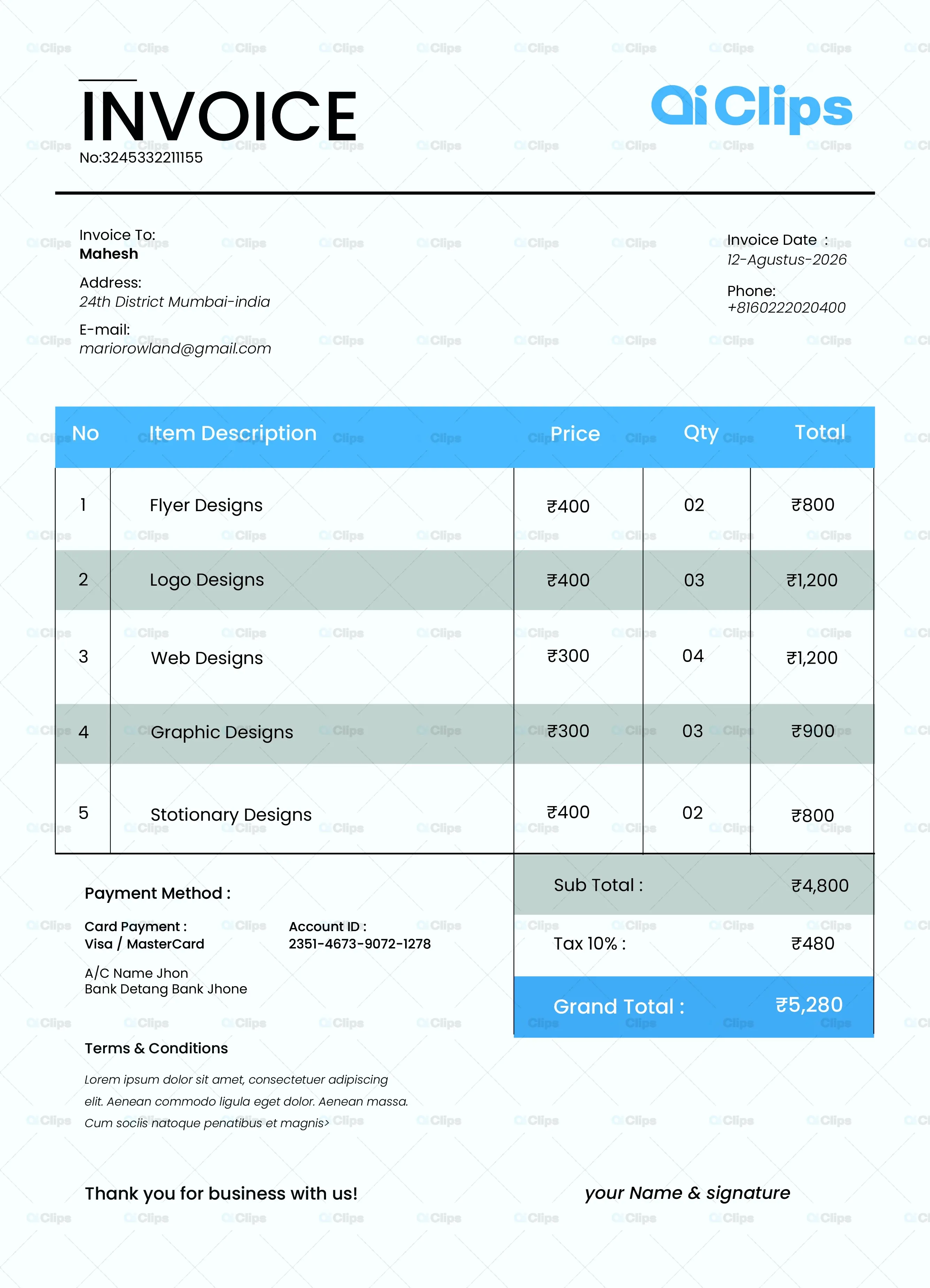 Modern Professional Design Services Invoice Template