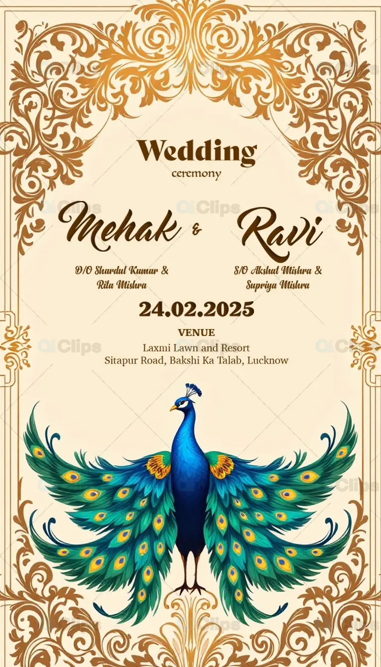 Ornate Peacock Wedding Invitation PSD Template