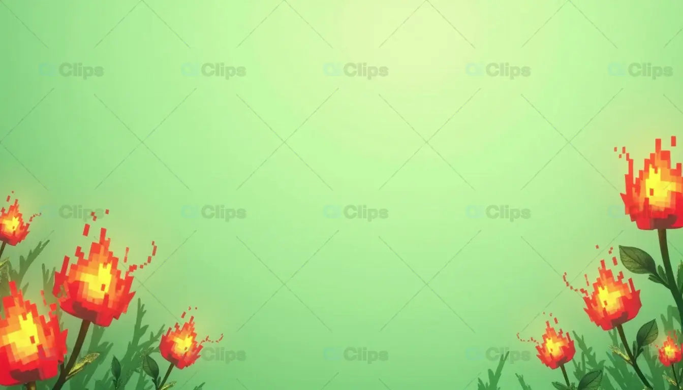 Pixel Art Fire Flowers on Green Background