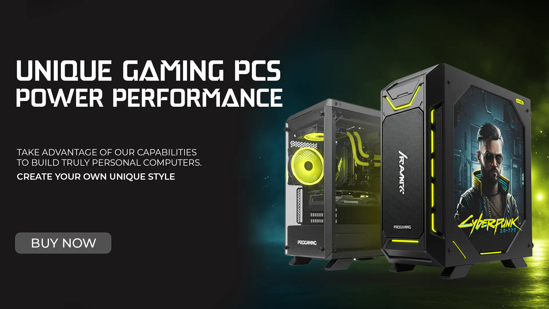 Cyberpunk Gaming PC Ad Banner with Yellow LED Custom Builds
