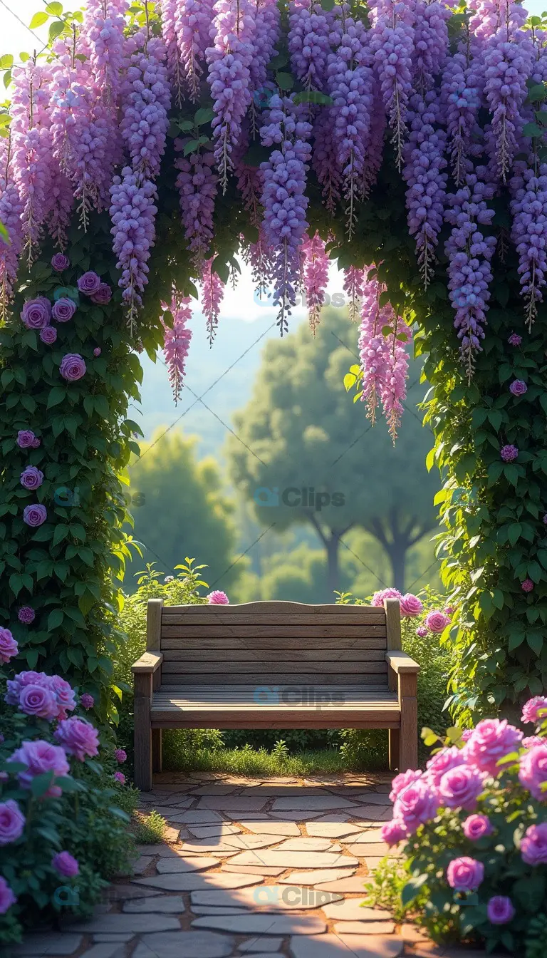 Peaceful Garden Bench Under Floral Arch