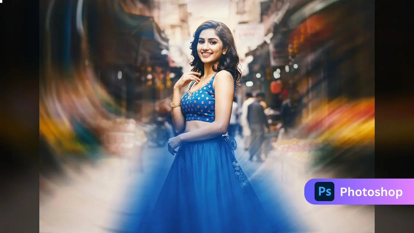 Woman in Blue Blurred Market Portrait