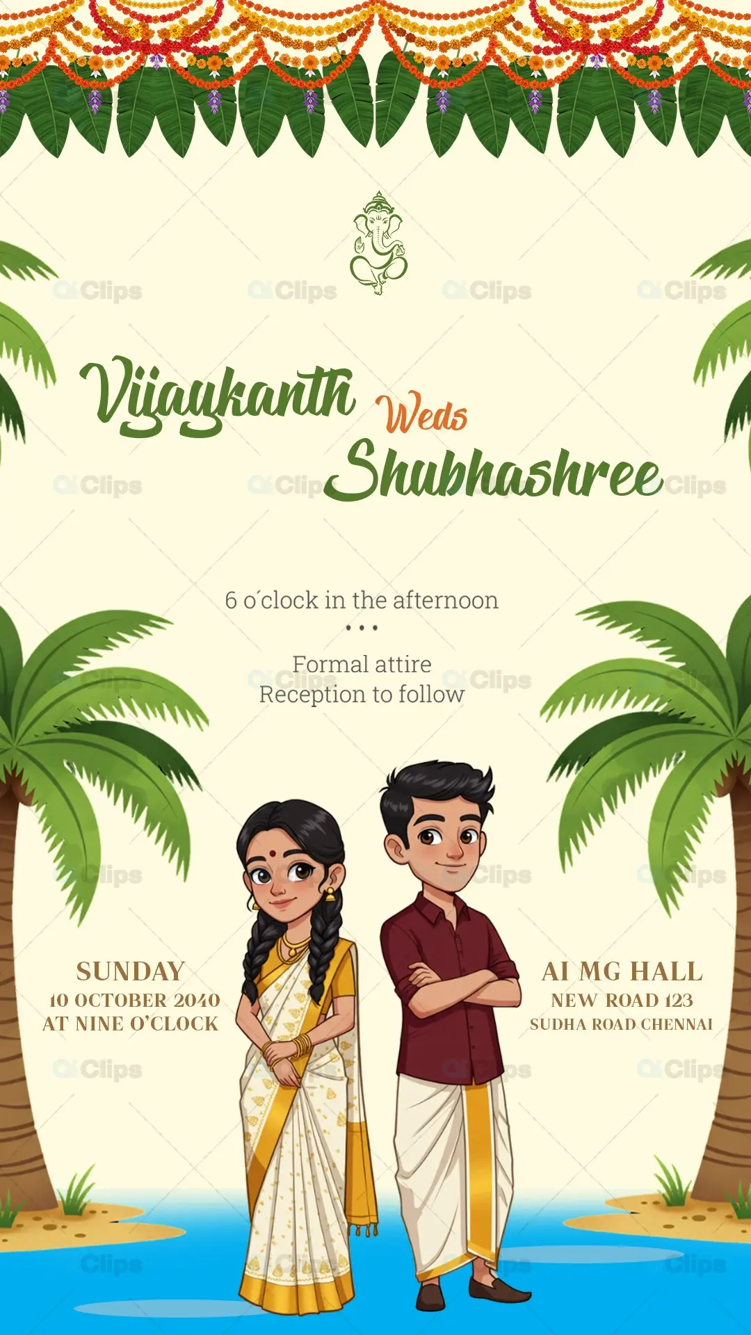 South Indian Wedding Invitation Template with Cartoon Couple