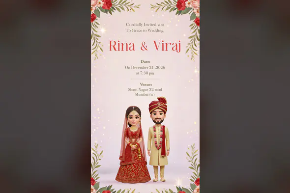 3D Indian Wedding Invitation Template with Traditional Cartoon Couple